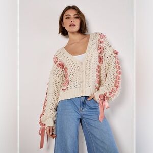 Women's Cream Sweater with Pink Accents